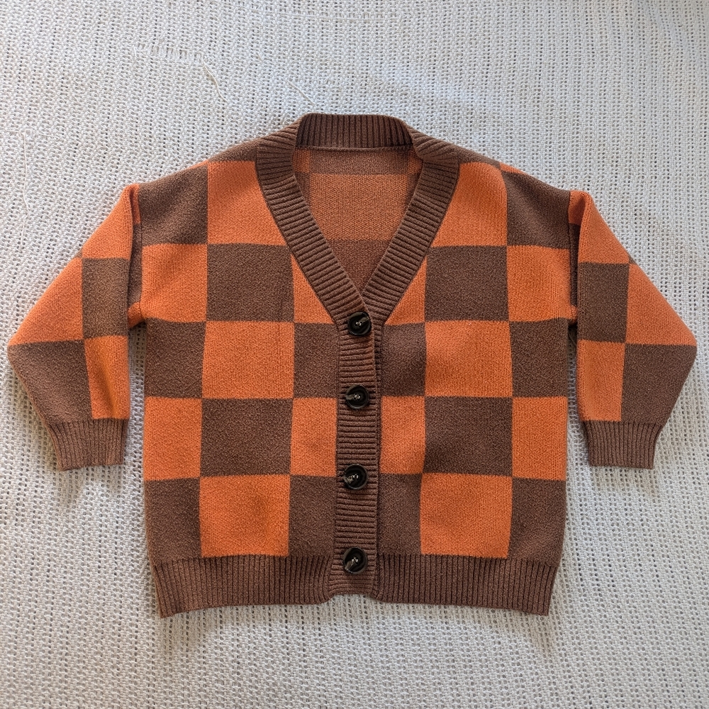 Button Up Cardigan Sweater Womens Medium Tile Checkered Colorblock Brown Orange